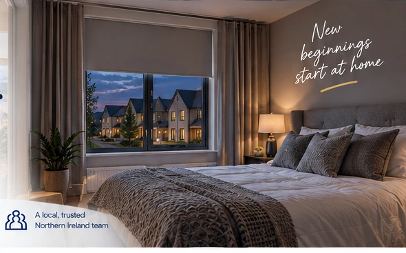 Calm new-build bedroom with a fitted roller blind at dusk, illustrating first-night privacy before moving into a new home.
