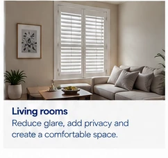 Bright new-build living room with white plantation shutters, illustrating daytime privacy in a front-facing room.