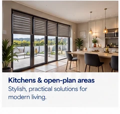 Modern open-plan kitchen and dining space with wide glazed doors and fitted blinds, illustrating privacy and light control in a new home.