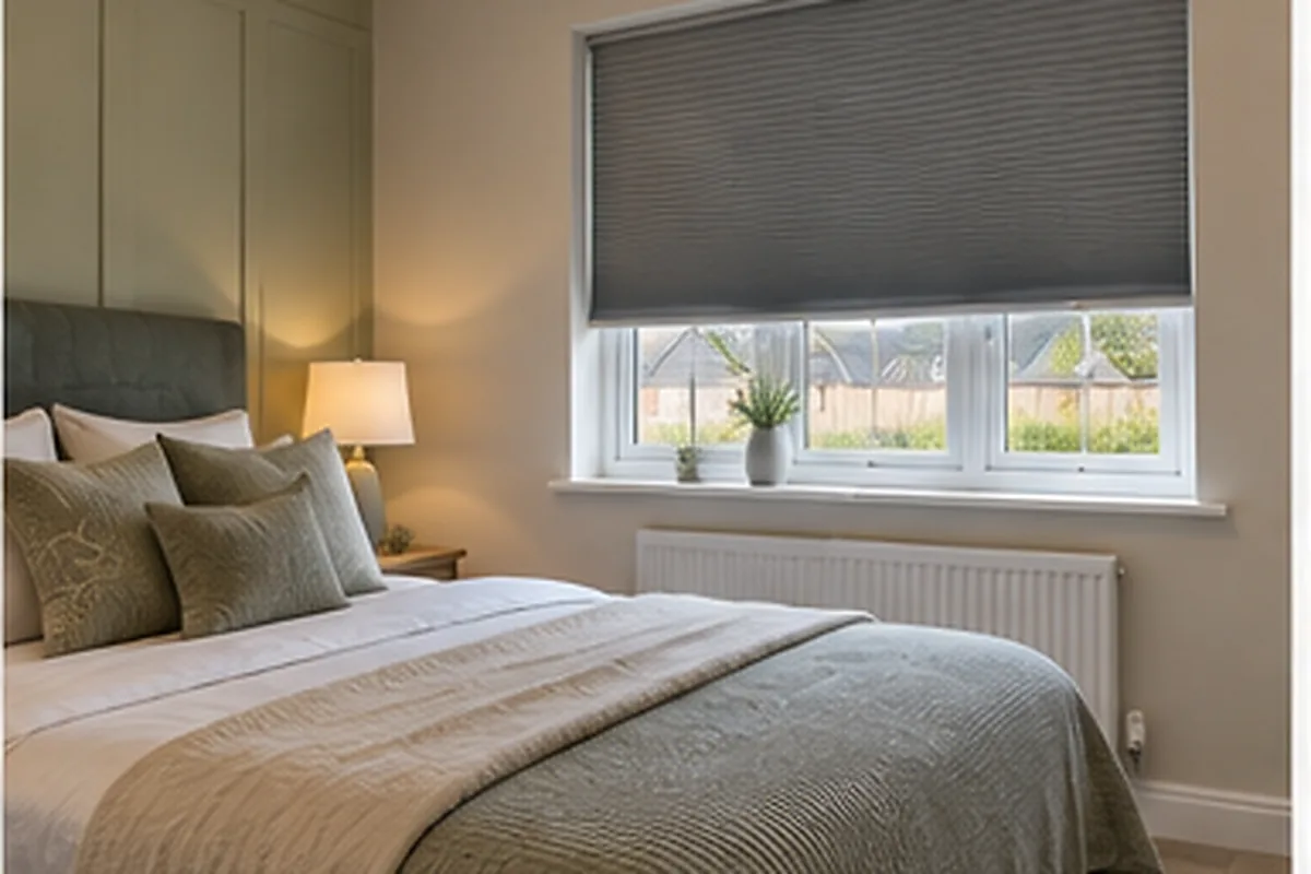 Neutral new-build bedroom with a cellular blind fitted for privacy and light control in an Oakwood style home.