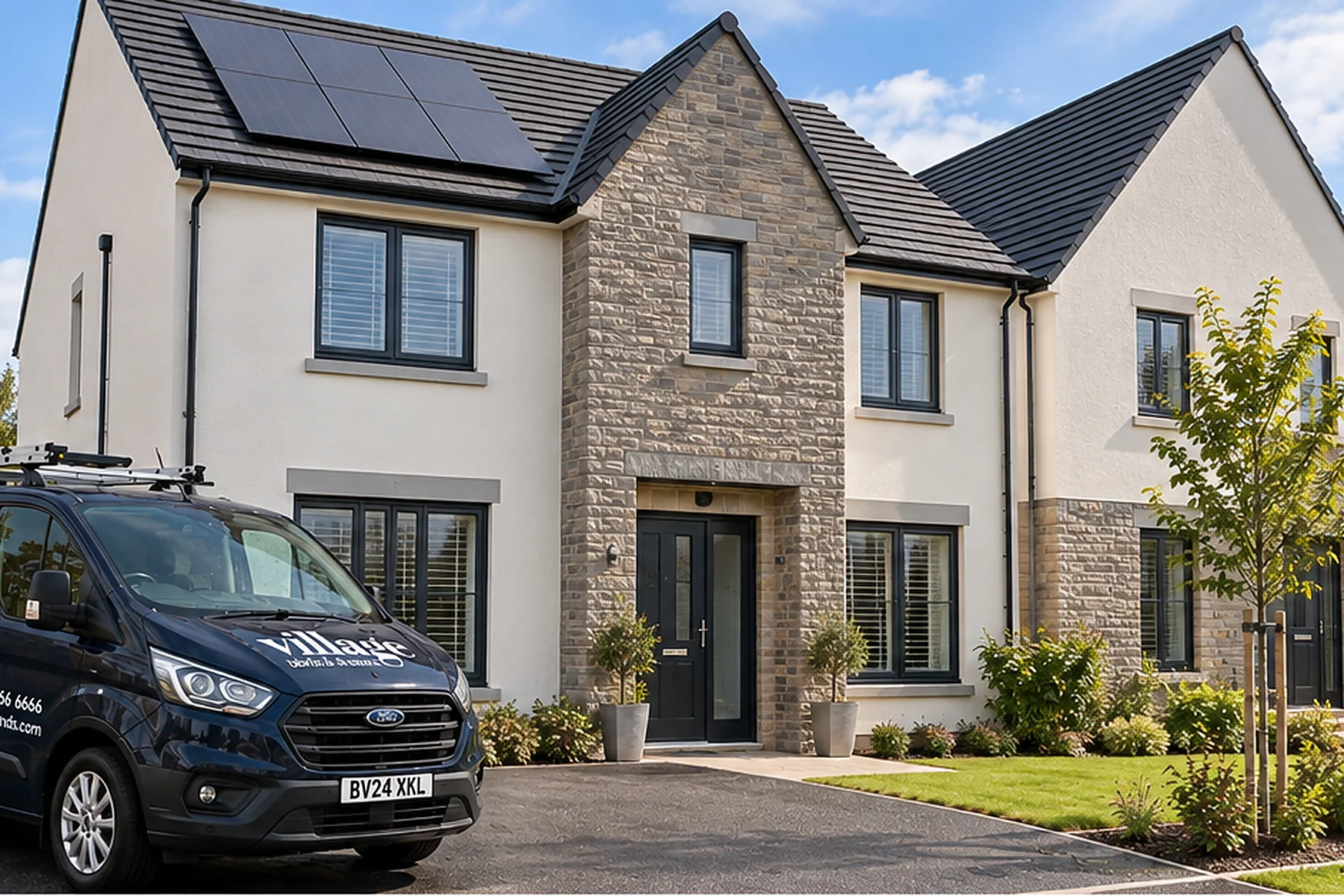 Village Blinds & Shutters van outside an Oakwood style new-build home in Antrim with stone detailing, solar panels and fitted window blinds.