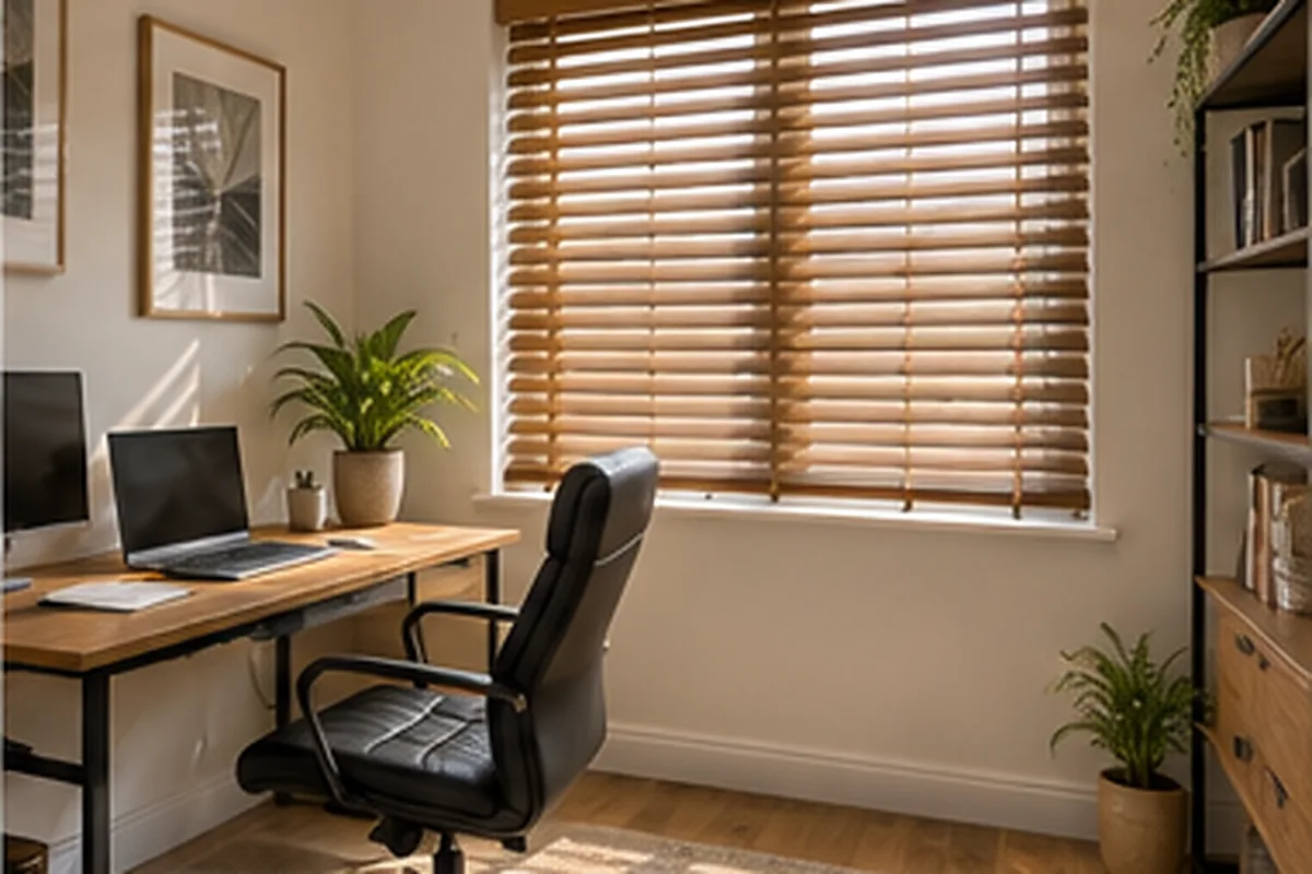 Modern home office with wooden Venetian blinds in an Oakwood style new-build home in Antrim.
