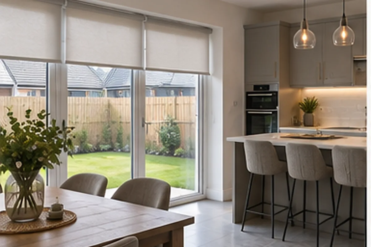 Modern Oakwood style kitchen and dining area with made-to-measure roller blinds on garden doors.