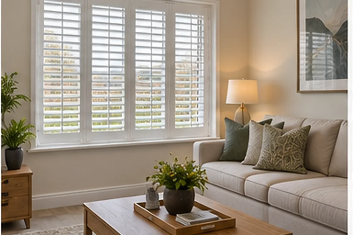 Bright Oakwood style living room with white plantation shutters fitted to a wide window.