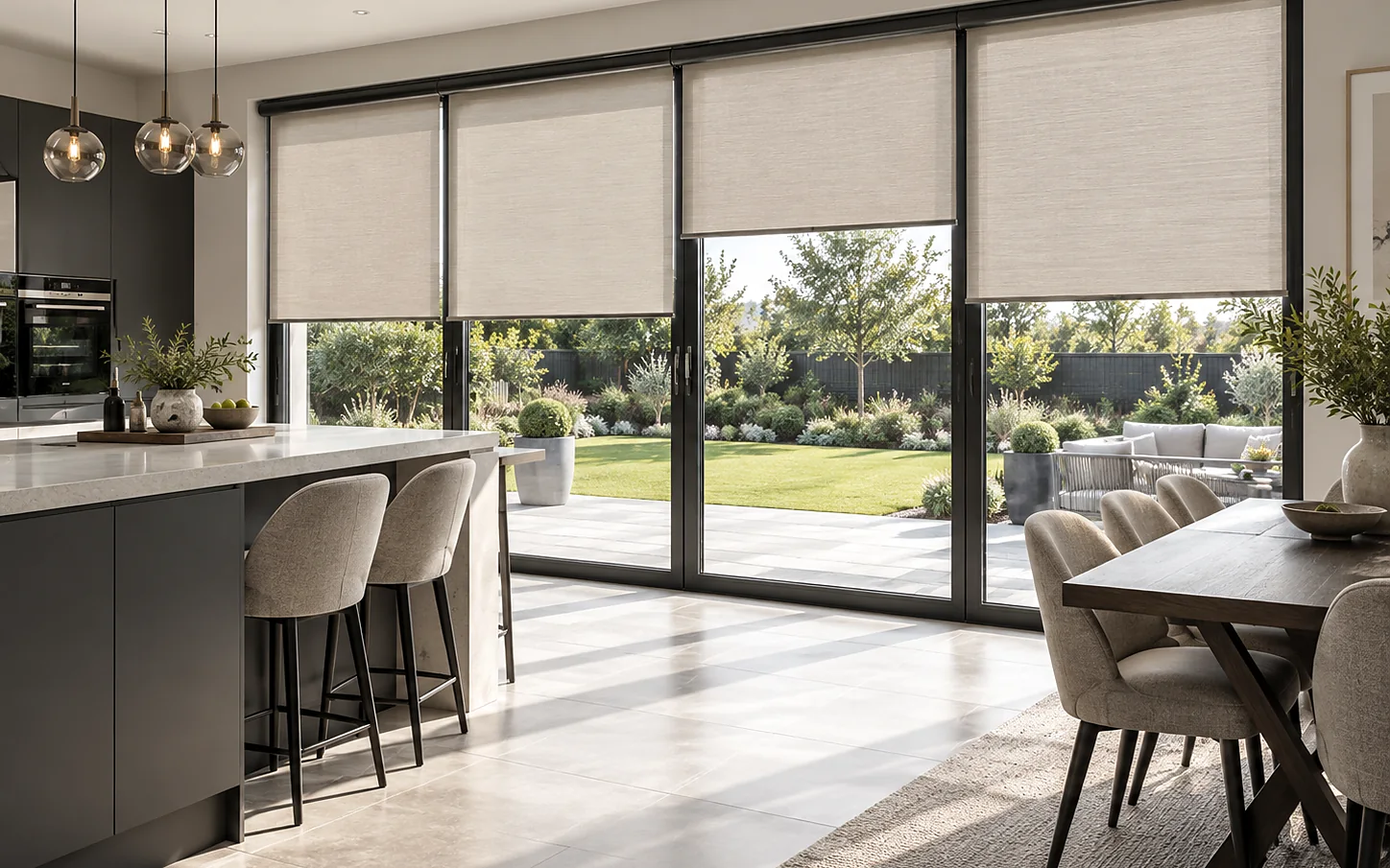 Large patio doors fitted with made-to-measure roller blinds in a modern kitchen and dining room