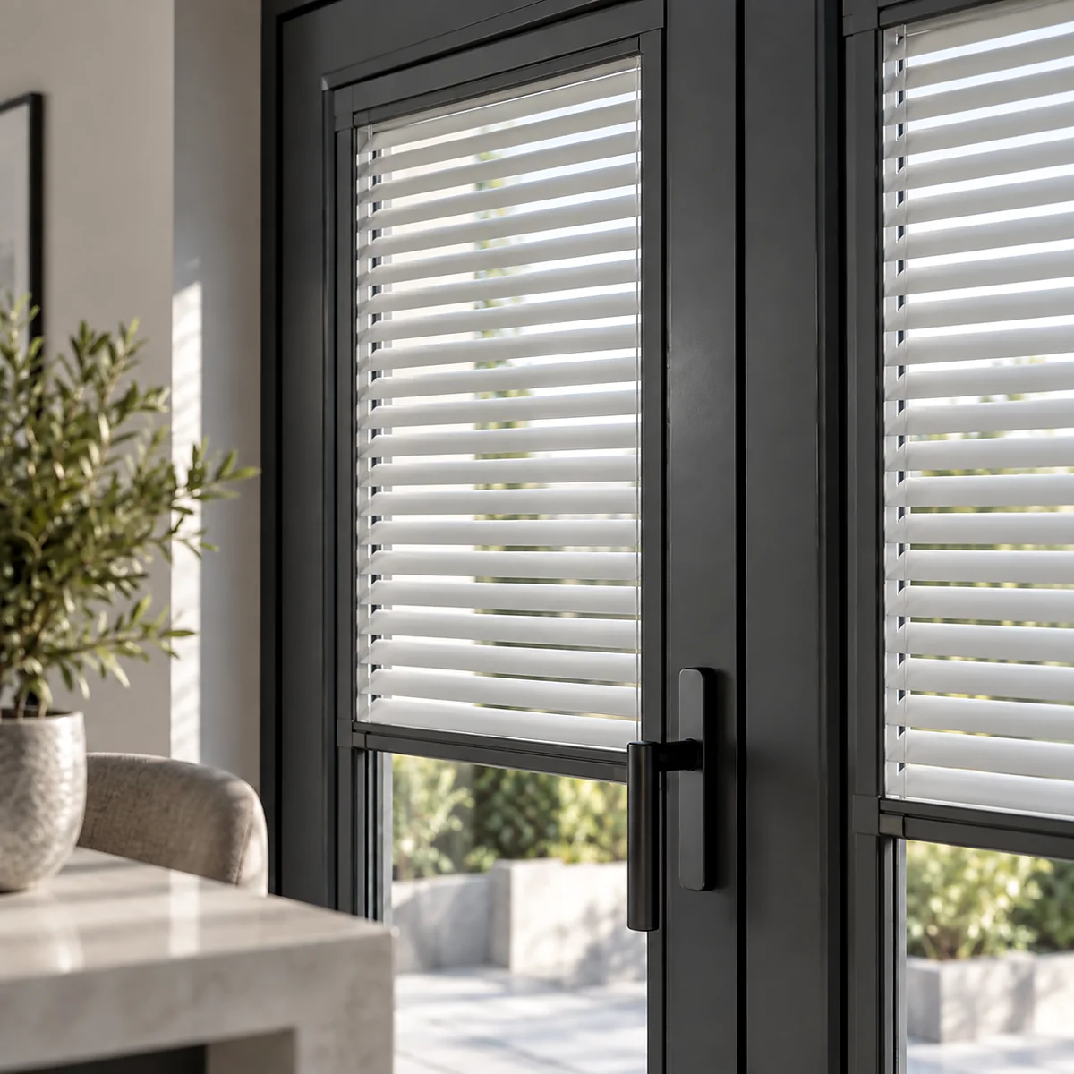 Perfect Fit Venetian blinds fitted neatly within dark patio door frames