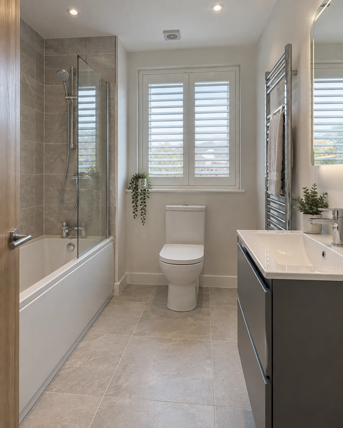 Regent Park Newtownards blinds and shutters – white plantation shutters in a contemporary Regent Park bathroom