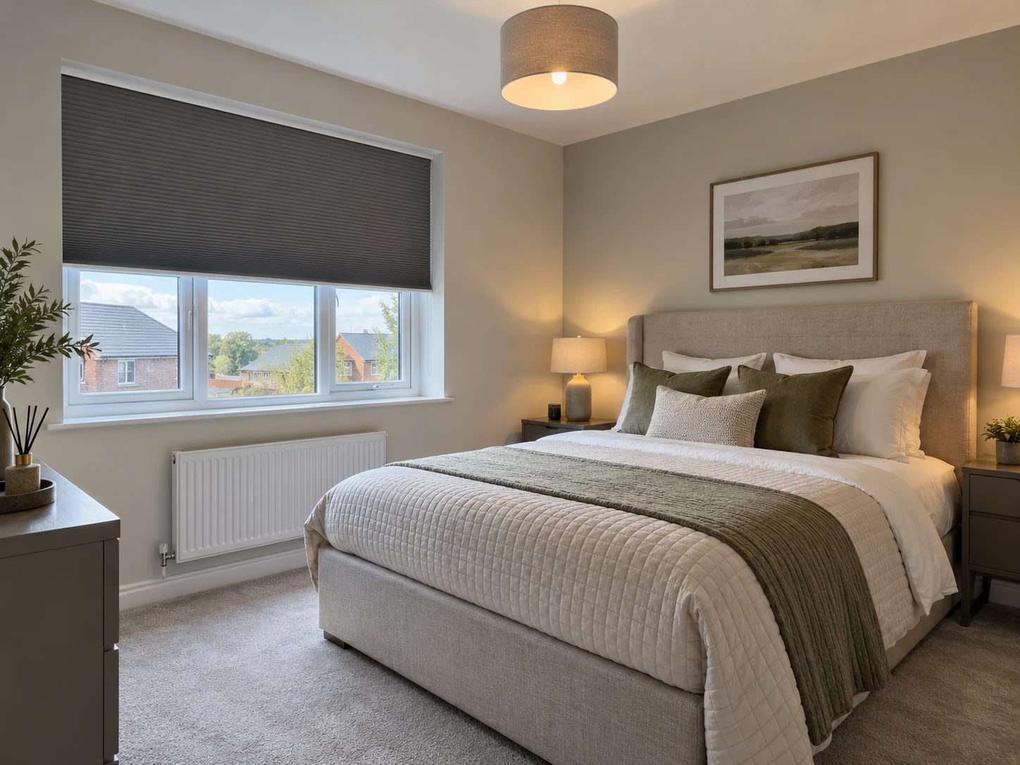 Regent Park Newtownards blinds and shutters – blackout cellular blind in a calm Regent Park principal bedroom