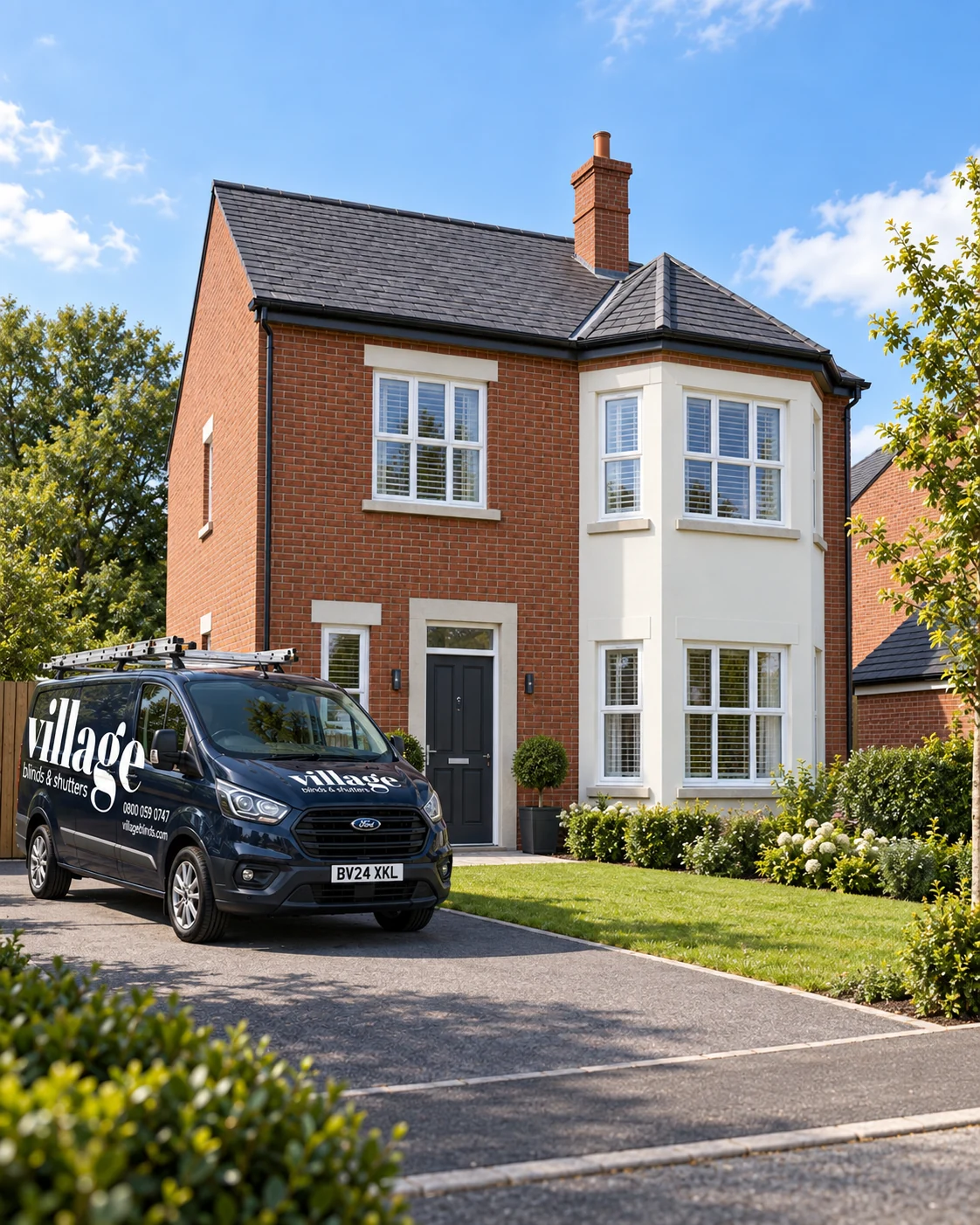 Regent Park Newtownards blinds and shutters – Village Blinds and Shutters van outside a red-brick Regent Park detached home