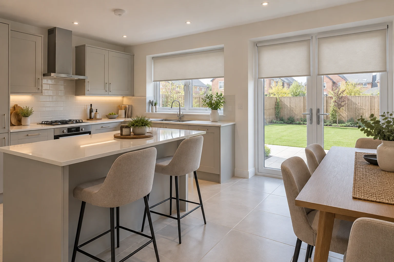 Regent Park Newtownards blinds and shutters – roller blinds in a modern Regent Park kitchen and dining area