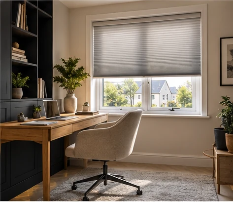 Home office with cellular blind illustrating flexible light control for a Ringfad Meadows Ardglass home