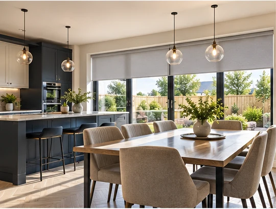 Open-plan kitchen diner with roller blinds illustrating a window option for Ringfad Meadows Ardglass