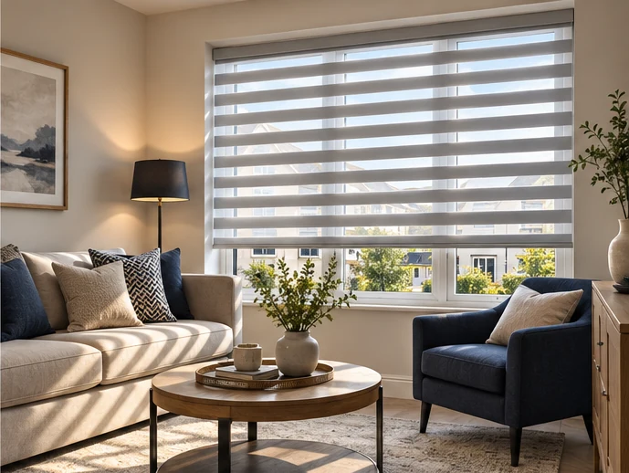 Living room with Day and Night blinds illustrating privacy and light control for Ringfad Meadows Ardglass homes