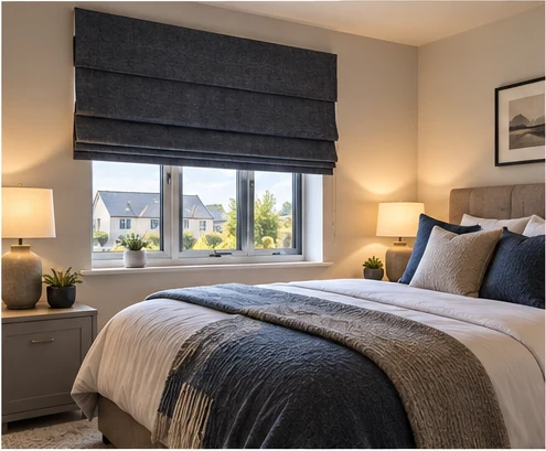 Main bedroom with blackout Roman blind illustrating a bedroom option for Ringfad Meadows Ardglass