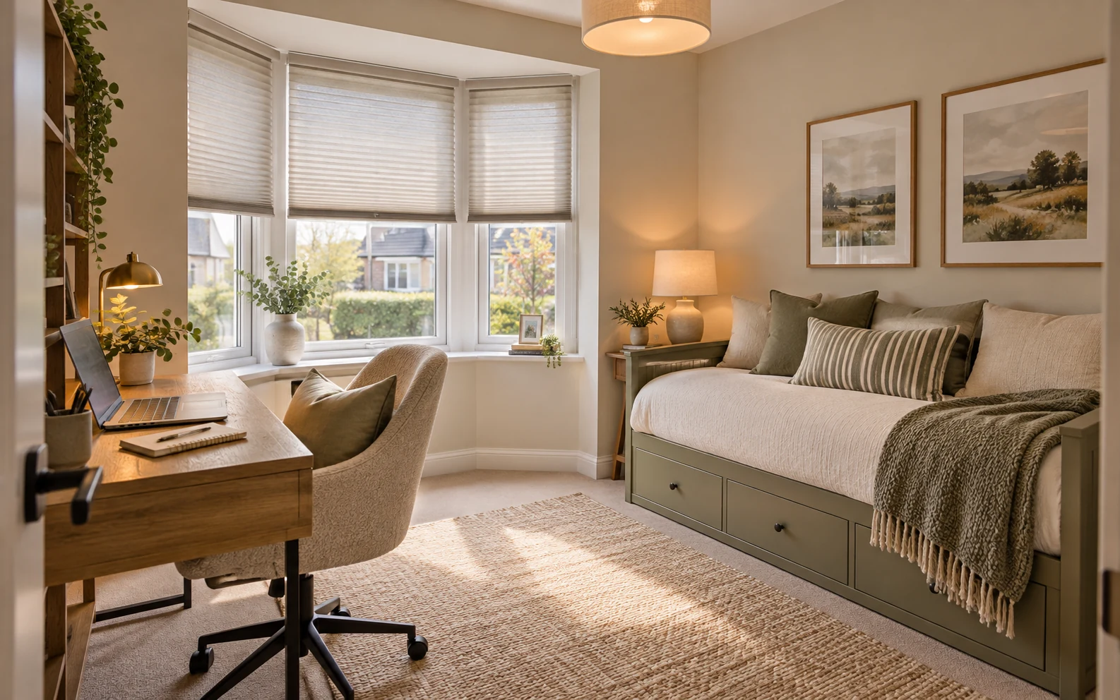 Home office and guest room with cellular blinds illustrating flexible light control for Roe Wood Limavady