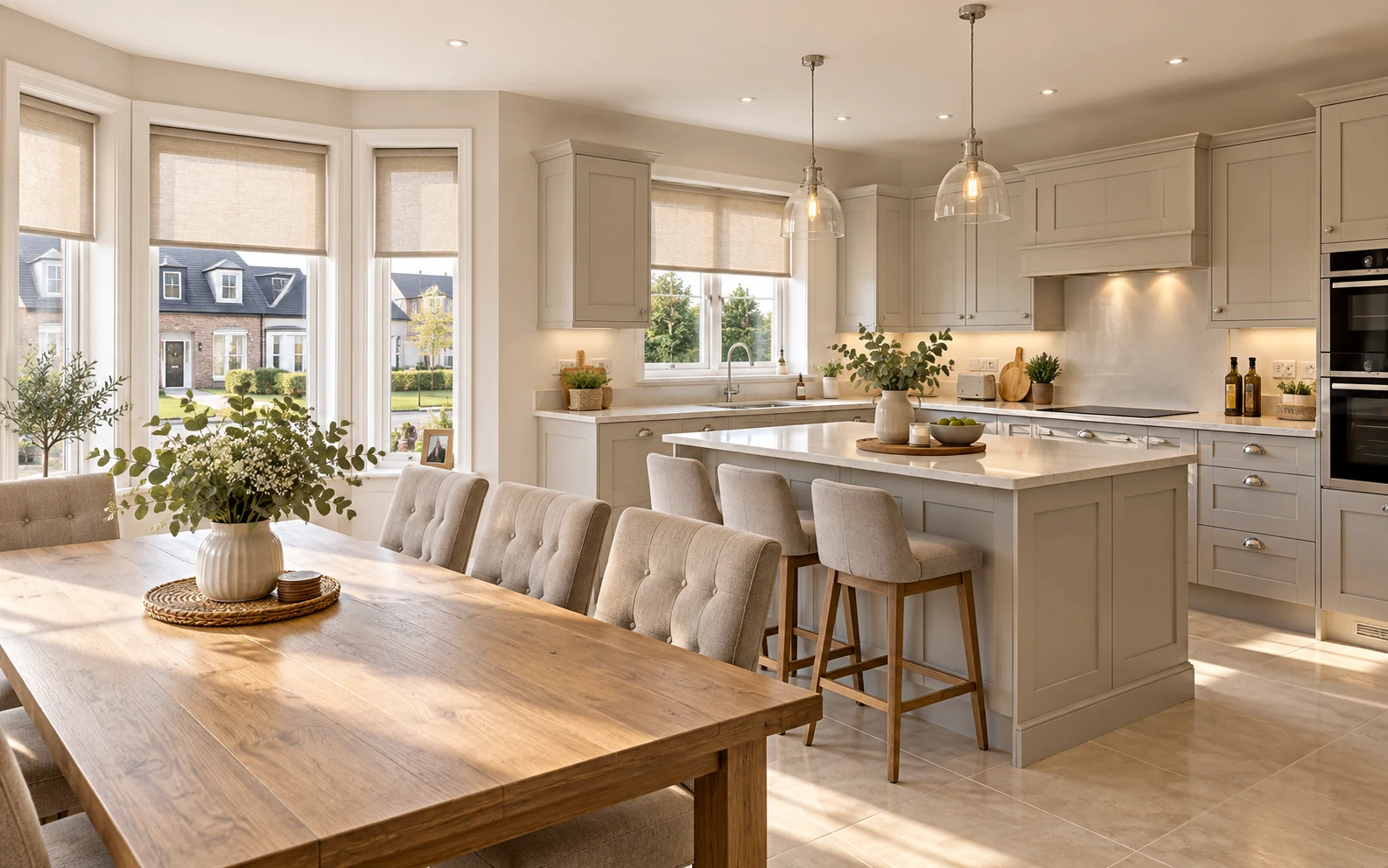 Bright kitchen diner with roller blinds illustrating a practical option for Roe Wood Limavady