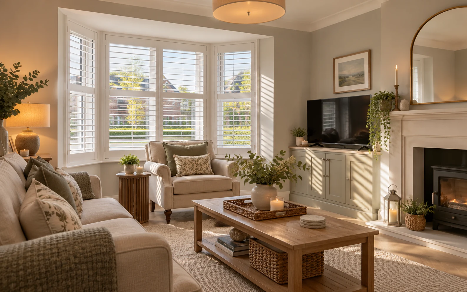 Living room with plantation shutters fitted to a bay window illustrating an option for Roe Wood Limavady homes