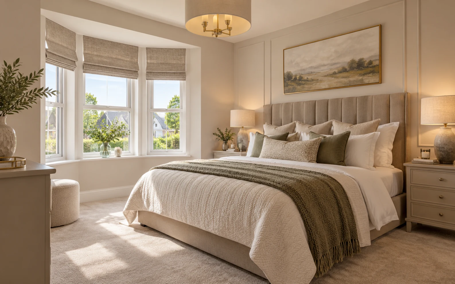 Main bedroom with Roman blinds on a bay window illustrating a bedroom option for Roe Wood Limavady
