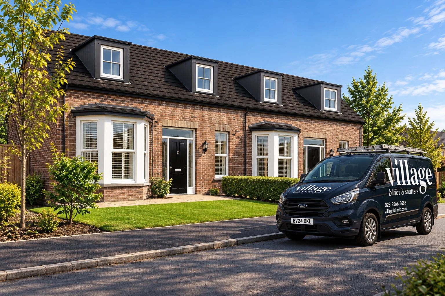 Roe Wood Limavady new homes with dormer roofs and a Village Blinds and Shutters van outside
