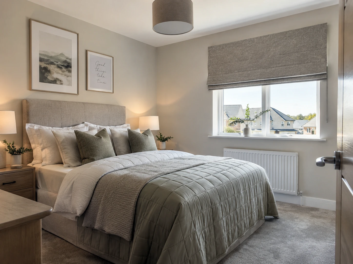 Illustrative bedroom in a Rosscah View home with a neat blackout blind and soft neutral styling.
