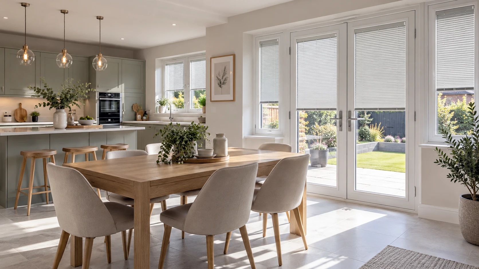 Illustrative open-plan kitchen and dining room in a Rosscah View home with practical made-to-measure blinds.