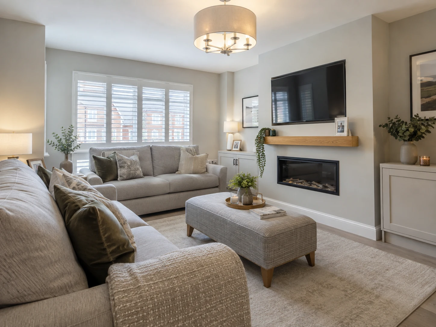 Illustrative living room in a Rosscah View home with white plantation shutters and a calm modern finish.
