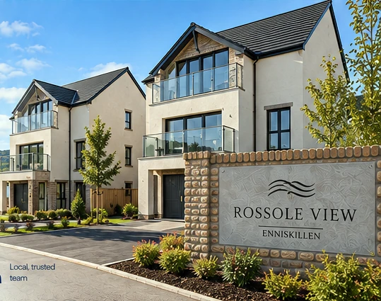 Illustrative Rossole View homes on Sligo Road in Enniskillen, showing contemporary three-storey semi-detached homes with upper-floor balconies overlooking Rossole Lough.