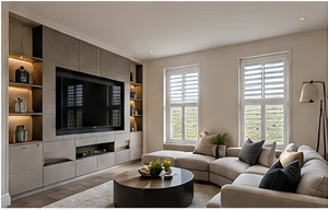 Illustrative Rossole View lounge with a bespoke media wall, plantation shutters and a calm contemporary finish.