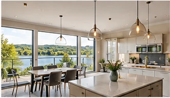 Illustrative open-plan kitchen, dining and living space at Rossole View with wide glazing and views towards Rossole Lough.