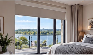 Illustrative principal bedroom at Rossole View with a large glazed opening, balcony outlook and a discreet roller blind.