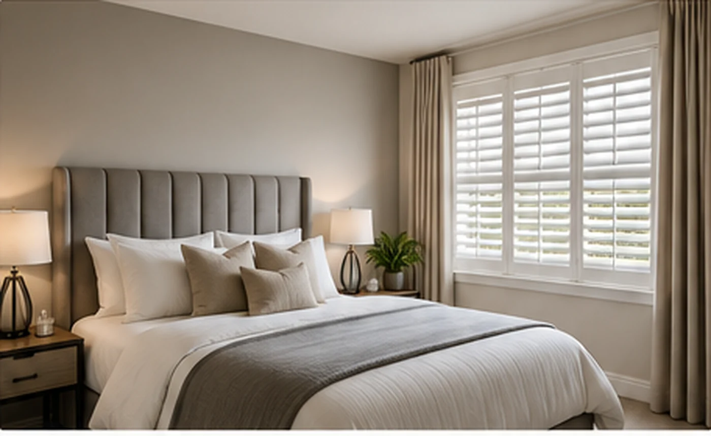 Aspirational neutral bedroom with white plantation shutters