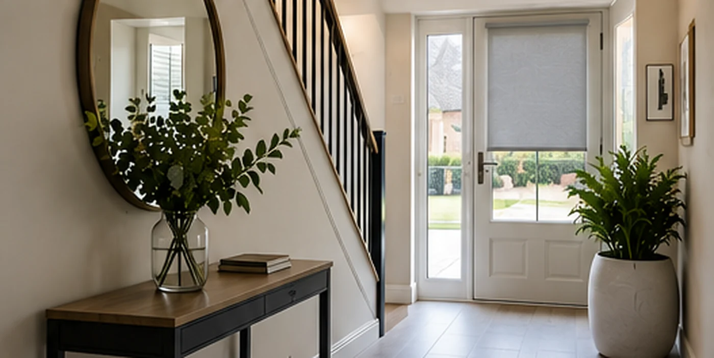 Aspirational new-home entrance hall with a neat blind fitted to the glazed front door