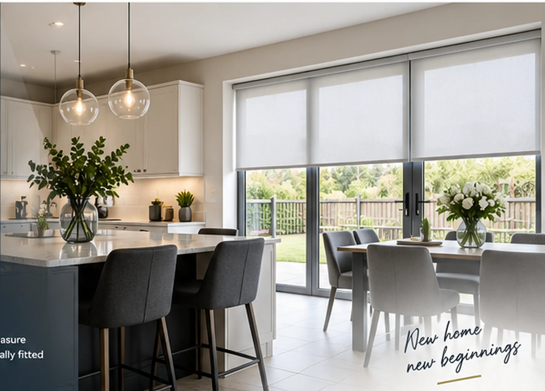 Aspirational new-build kitchen dining space with pale roller blinds across wide glazing