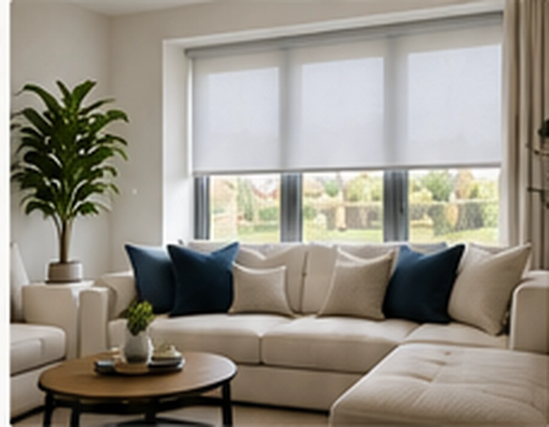 Aspirational family living room with pale roller blinds