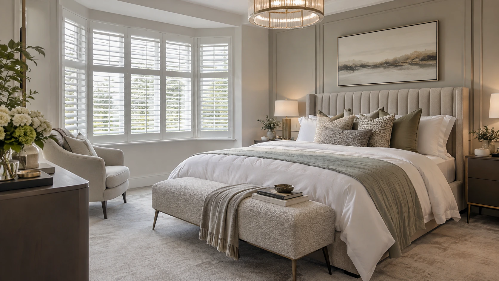 Calm neutral bedroom in a Rushfield Manor home with white plantation shutters and a fitted finish.
