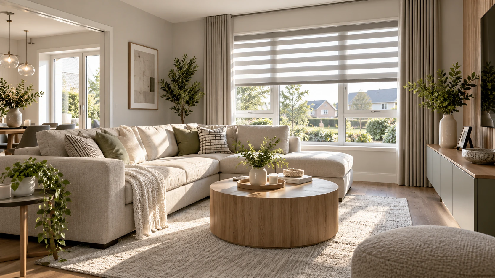 Bright contemporary living room in a Rushfield Manor home with a wide made-to-measure blind and a clean family-friendly finish.