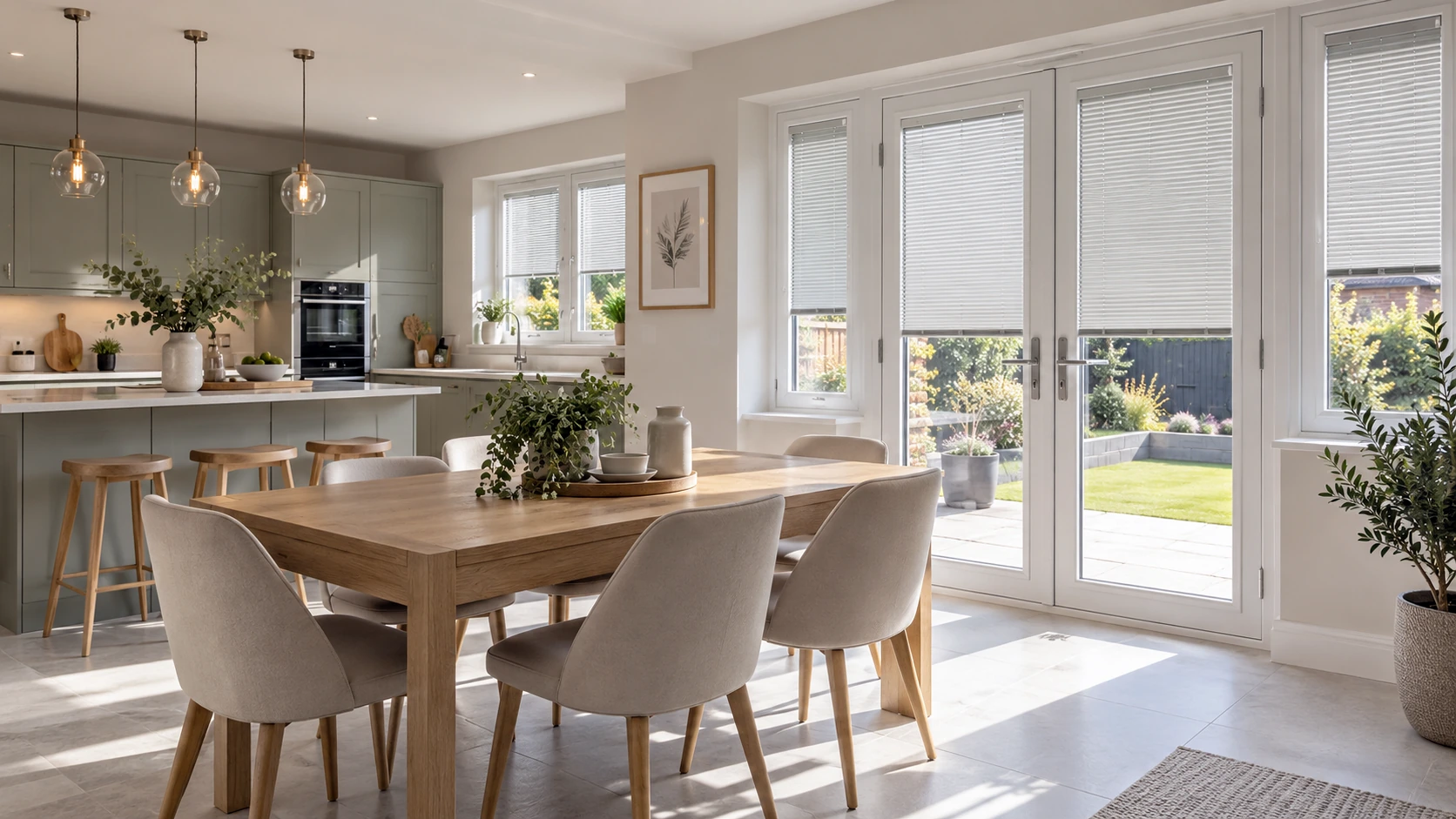 Bright open-plan kitchen diner in a Rushfield Manor home with made-to-measure blinds and garden doors.