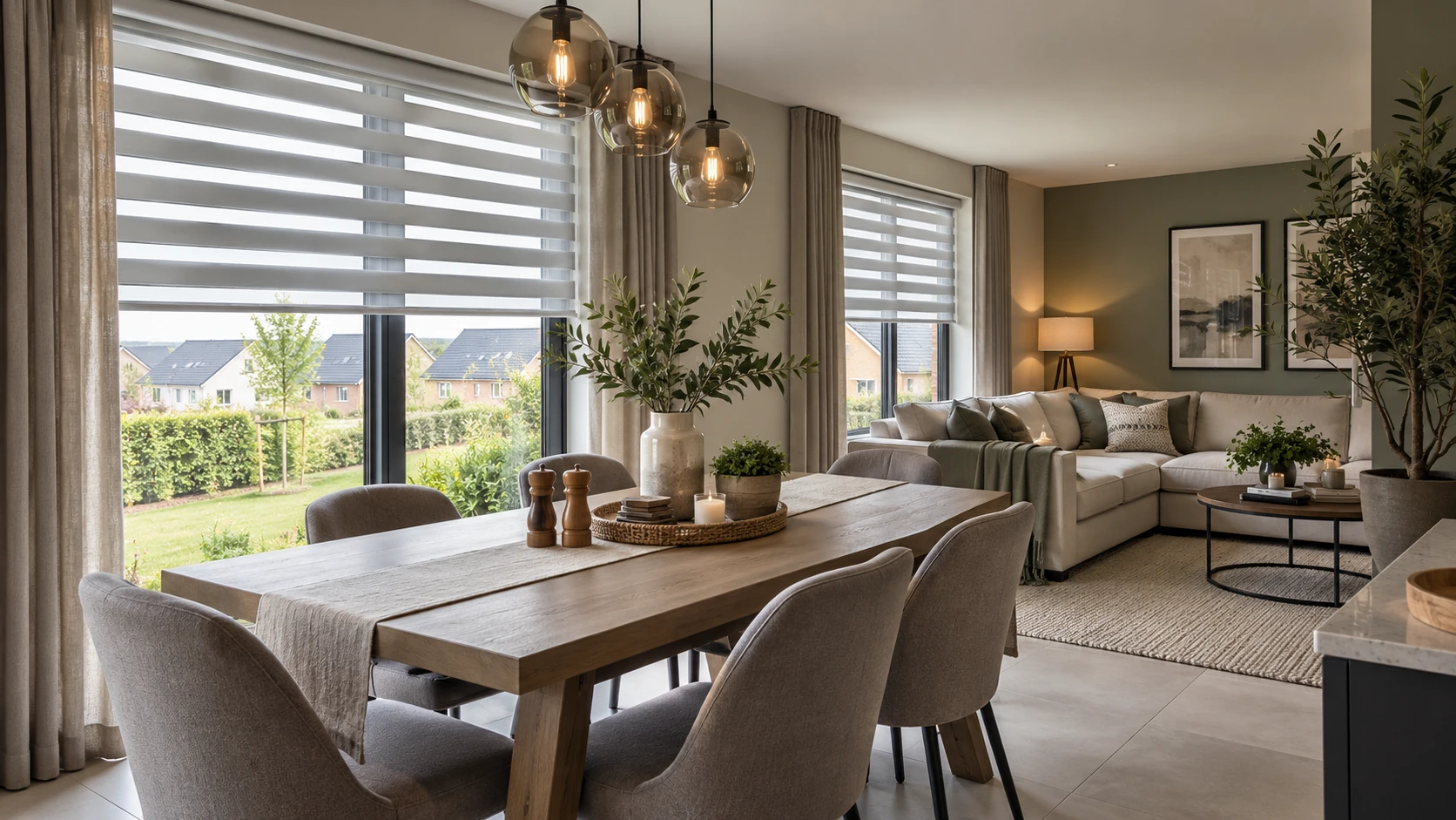 Open-plan family dining and living space in a Rushfield Manor home with wide blinds for larger windows.