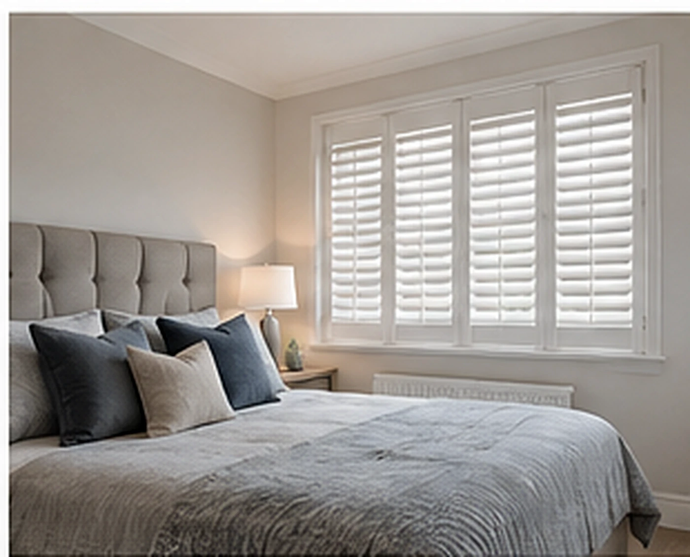 Calm modern bedroom with plantation shutters, illustrative of a Springwater home