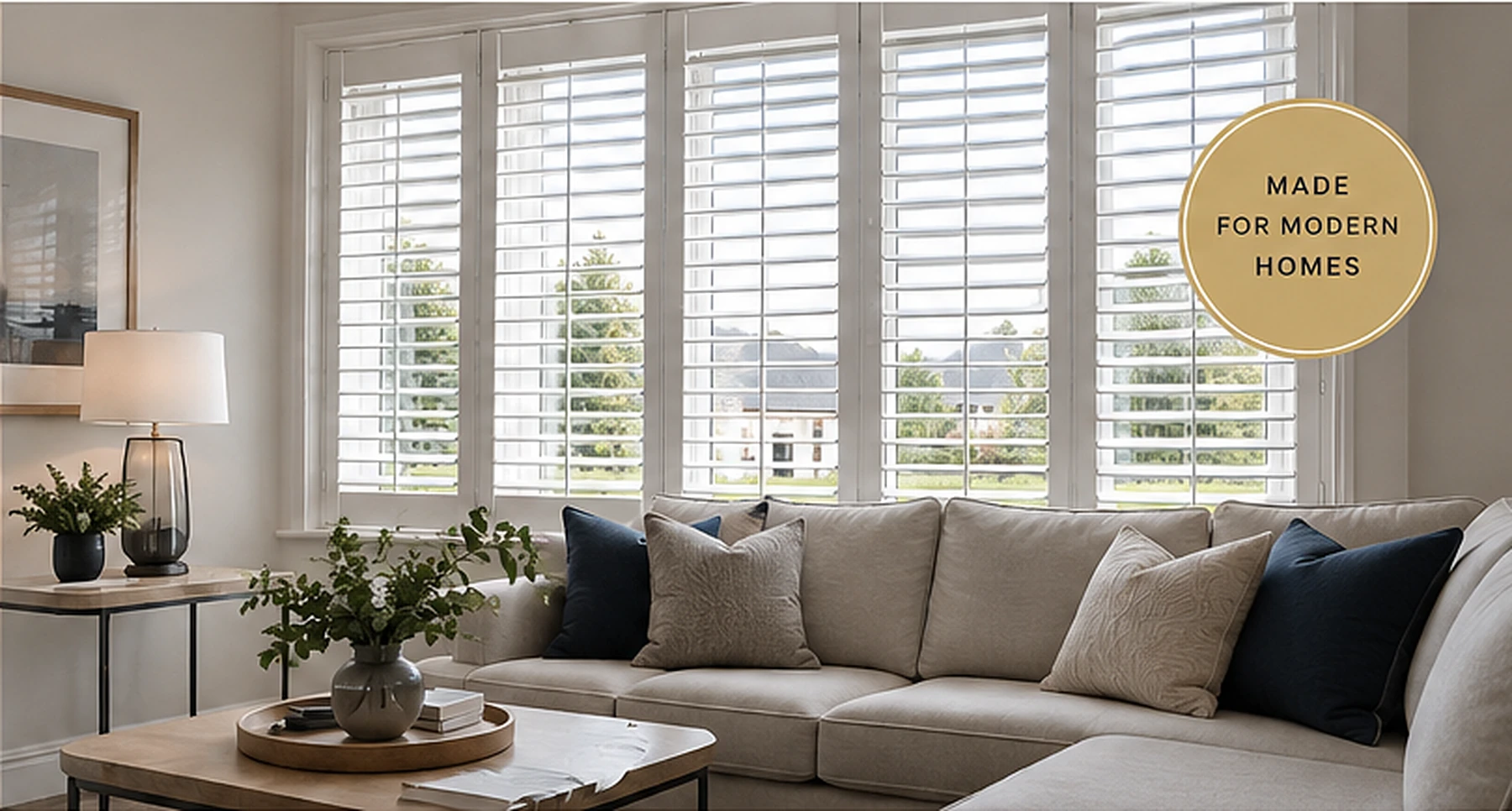 Bright modern living room with white plantation shutters, illustrative of a Springwater home