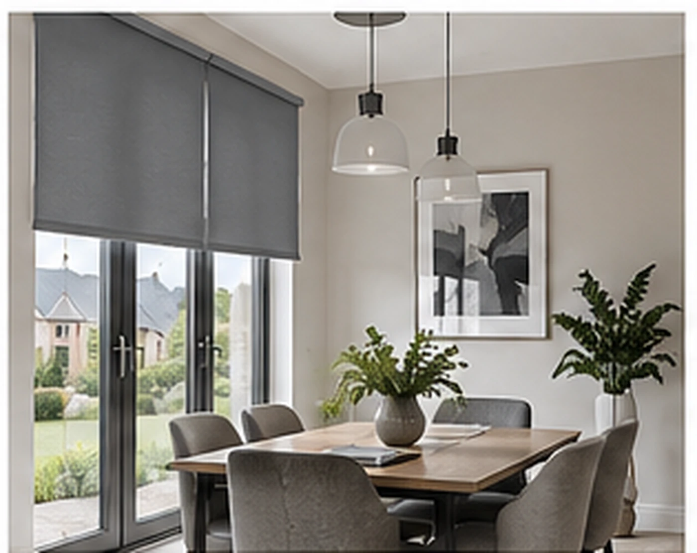 Open-plan dining space with a modern roller blind, illustrative of a Springwater home