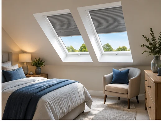 Chalet style bedroom with cellular roof window blinds illustrating an option for The Croft at St Andrews Point Ballyhalbert