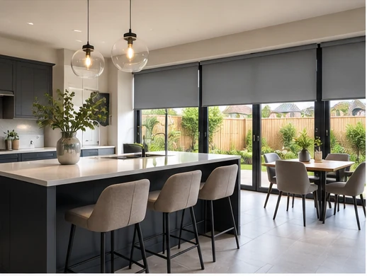 Modern kitchen diner with motorised roller blinds illustrating a St Andrews Point Ballyhalbert new home
