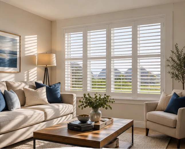 Living room with white plantation shutters illustrating an option for St Andrews Point Ballyhalbert homes
