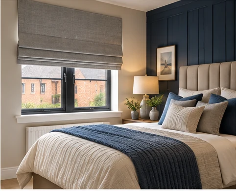 Main bedroom with Roman blind illustrating a bedroom option for St Andrews Point Ballyhalbert