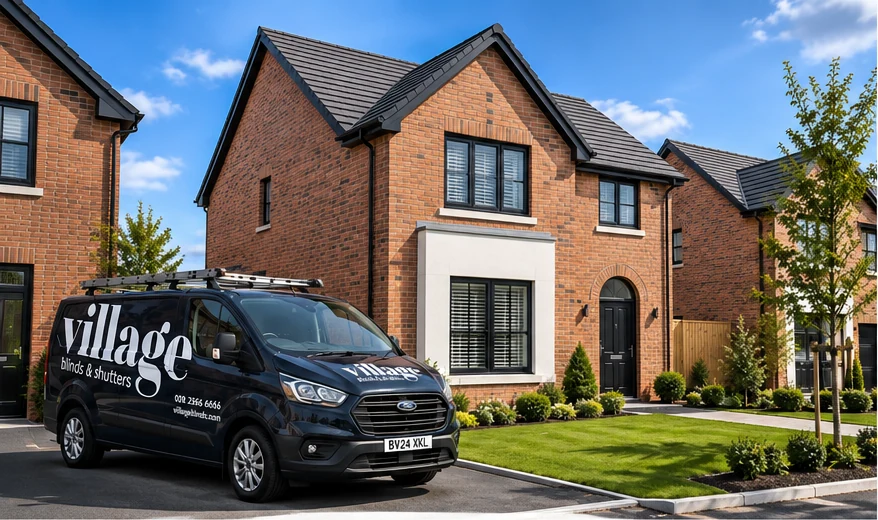 St Andrews Point Ballyhalbert new-build home with Village Blinds and Shutters van outside
