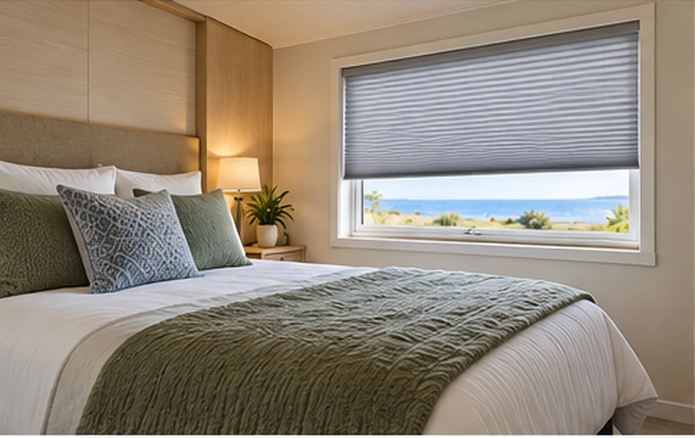 Cellular blind fitted neatly to a static caravan bedroom window for privacy and light control