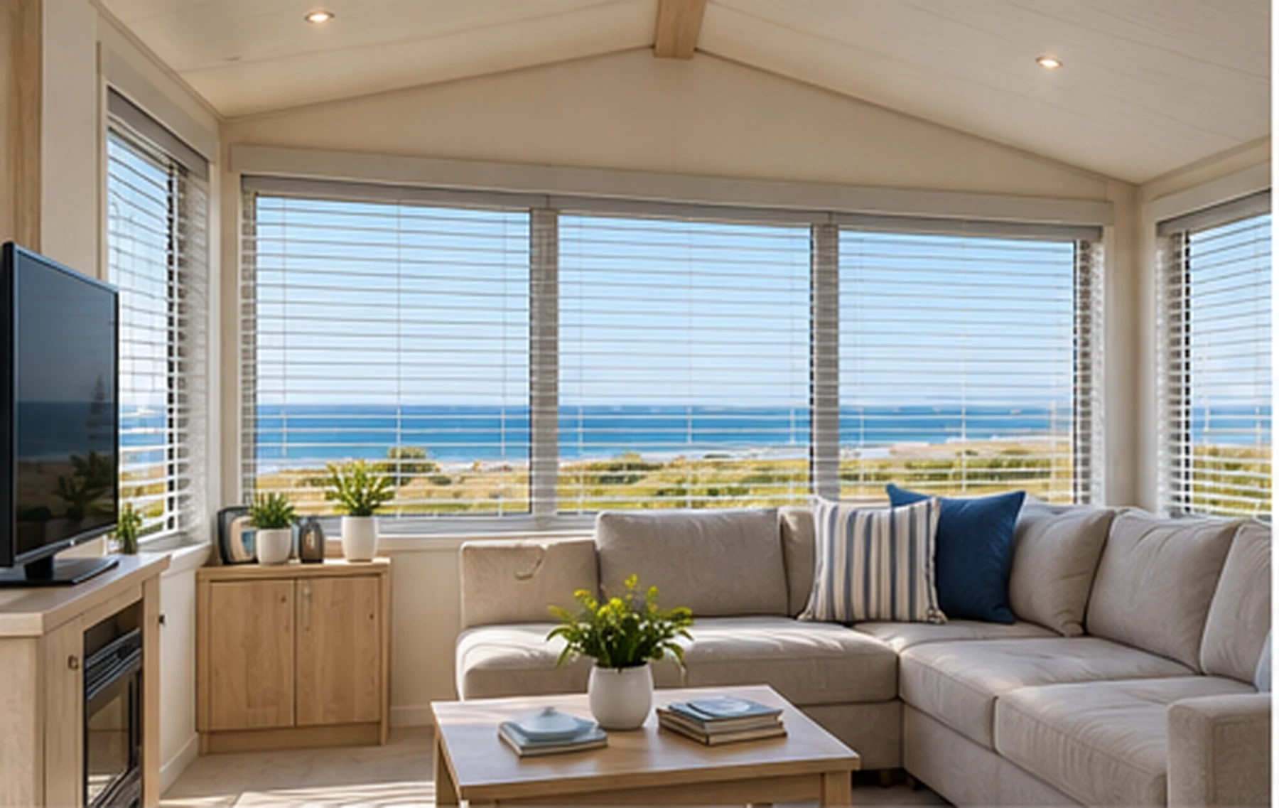 Static caravan blinds Northern Ireland - slim aluminium Venetian blinds fitted across large caravan lounge windows
