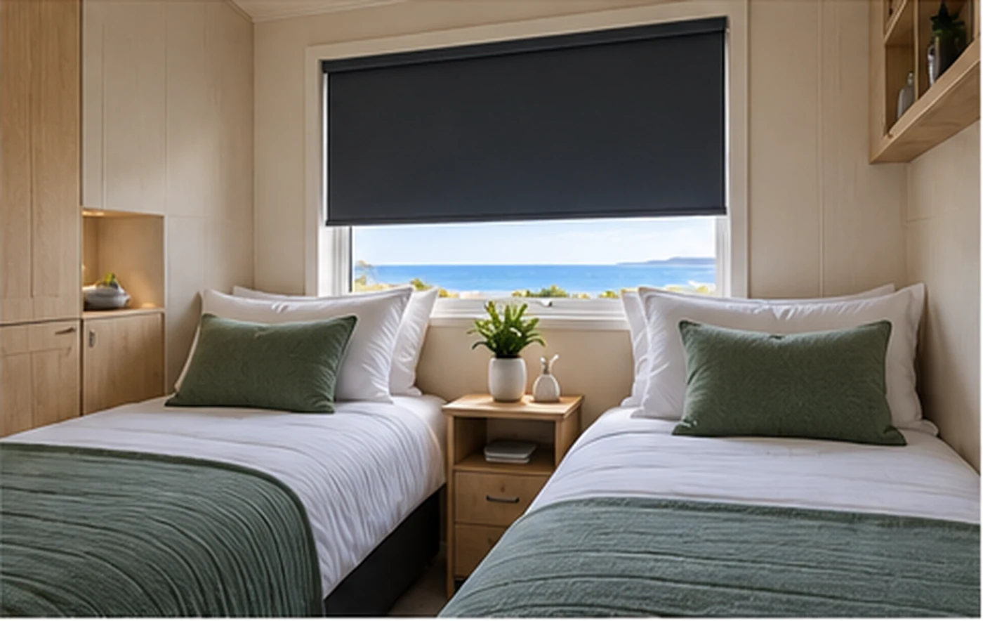 Blackout blind fitted to a guest bedroom window in a static caravan