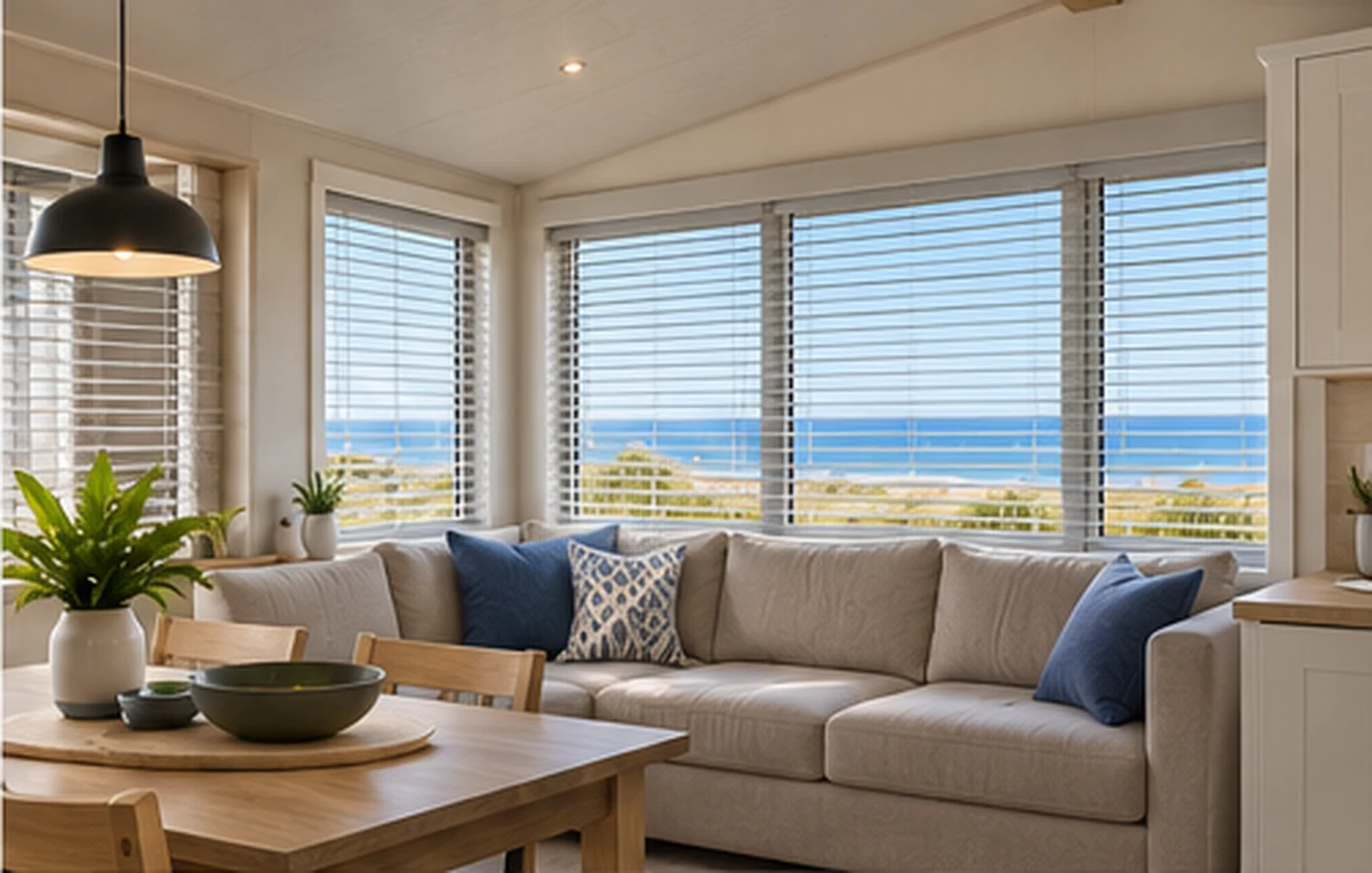Slim made-to-measure blinds fitted across wide windows in a static caravan lounge